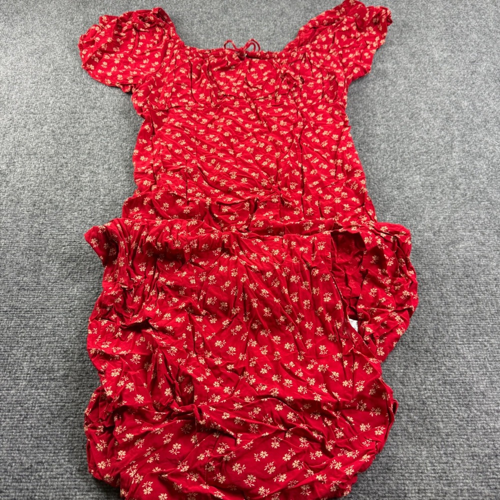 Levis Dress Large Red Floral Smocked Ruffle Short Sleeve Women's